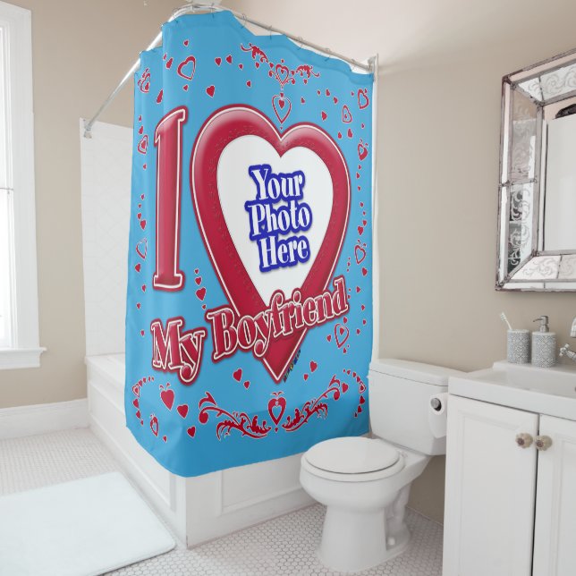 I Love My Boyfriend Photo Red Hearts Teal Shower Curtain (In Situ)