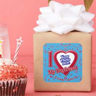 I Love My Boyfriend Photo Red Hearts Teal Square Sticker