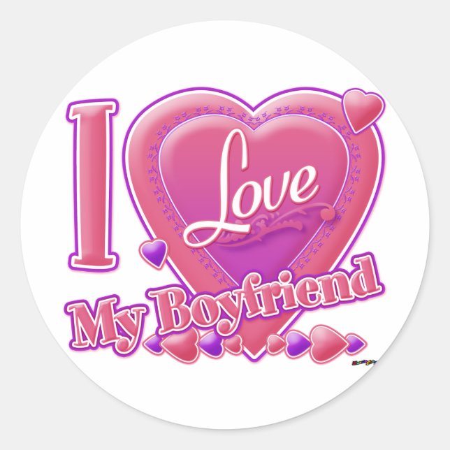I Love My Boyfriend pink/purple - hearts Classic Round Sticker (Front)