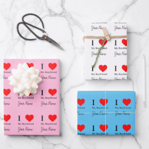 I love My Boyfriend & Red Heart Personalised Wrapping Paper Sheet
