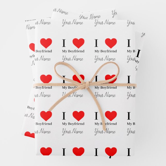 I love My Boyfriend & Red Heart Personalised  Wrapping Paper Sheet (In situ)