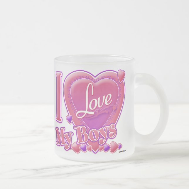 I Love My Boys pink/purple - heart Frosted Glass Coffee Mug (Right)