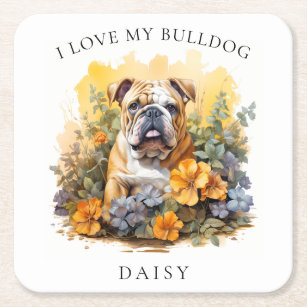 I Love My Bulldog Floral Dog Portrait Square Paper Coaster