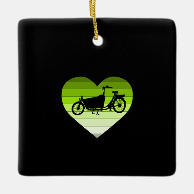 I Love My Cargo Bike- Green Retro Heart Ceramic Ornament (Front)