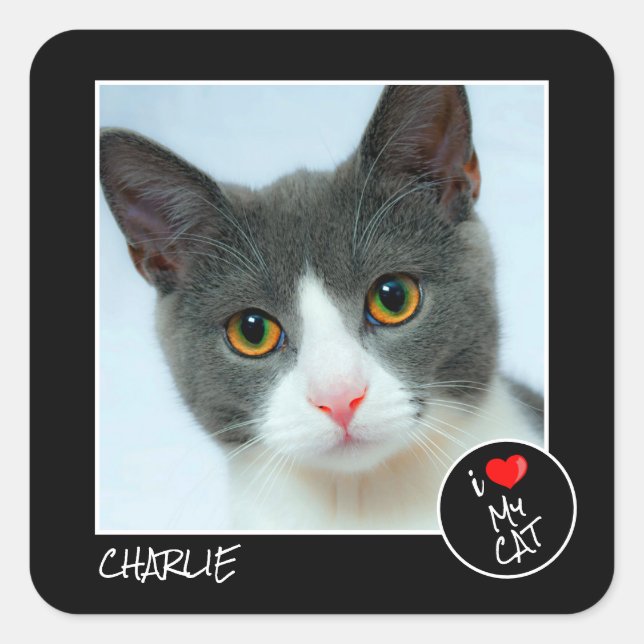 I Love My Cat, Custom Photo – Pet Lovers Square Sticker (Front)