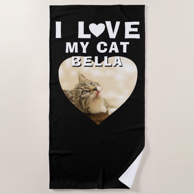 I love my Cat Heart Photo Cat Name Black Beach Towel (Front)