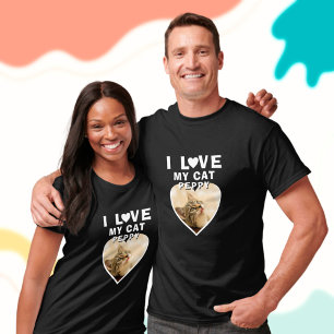 I love my Cat Heart Photo Pet Name Black T-Shirt