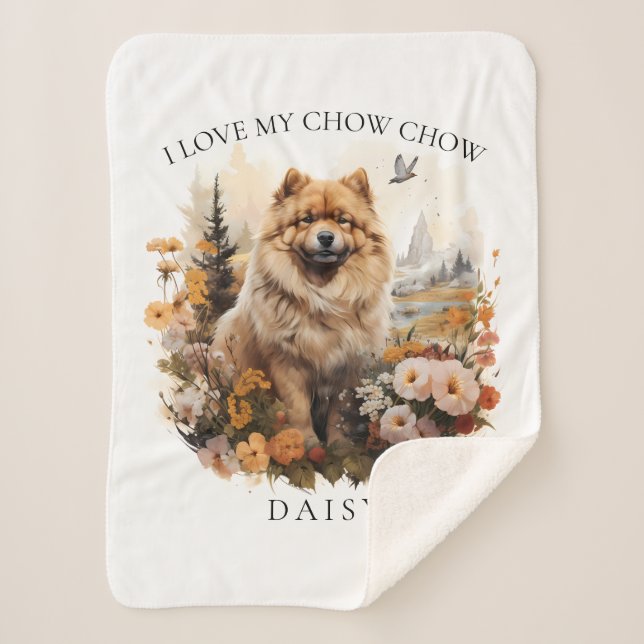 I Love My Chow Chow Floral Dog Portrait Sherpa Blanket (Front)
