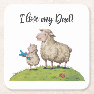 I Love My Dad Sheep Square Paper Coaster