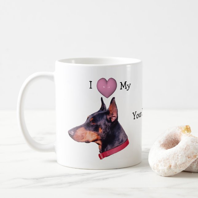 I Love My Doberman Personalised  Coffee Mug (With Donut)