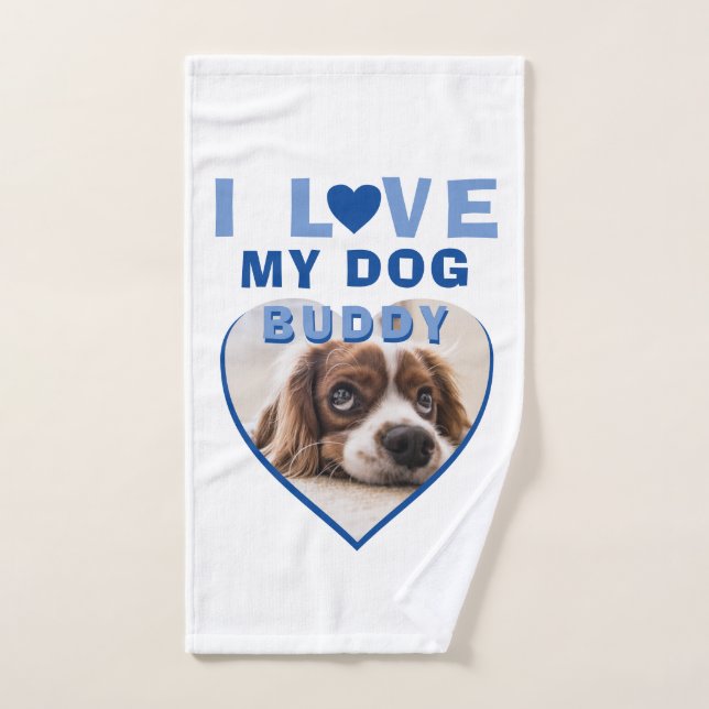 I love my Dog Blue Heart Photo Pet Name Bath Towel Set (Hand Towel)