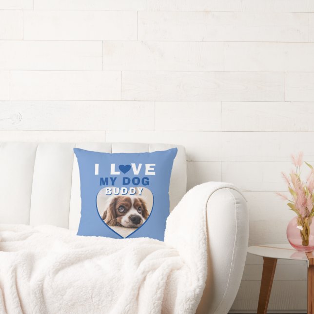 I love my Dog Blue Heart Photo Pet Name Cushion (Couch)