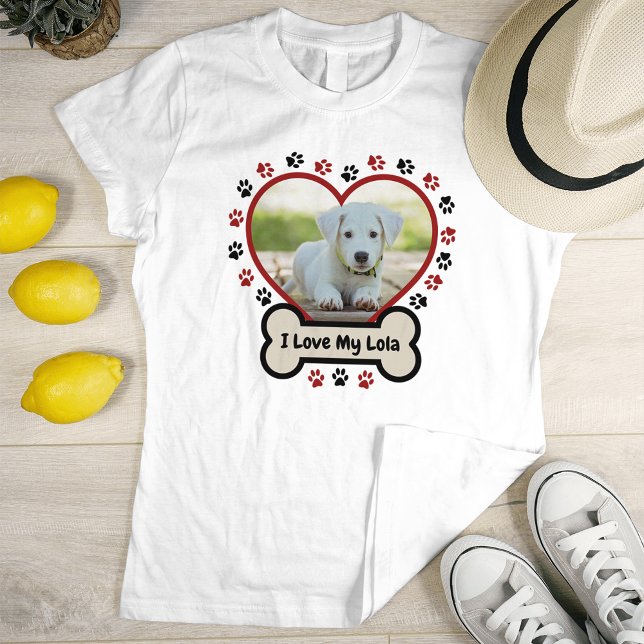 I Love My Dog Cute Red Heart Photo Beige Bone Paws T-Shirt (Creator Uploaded)