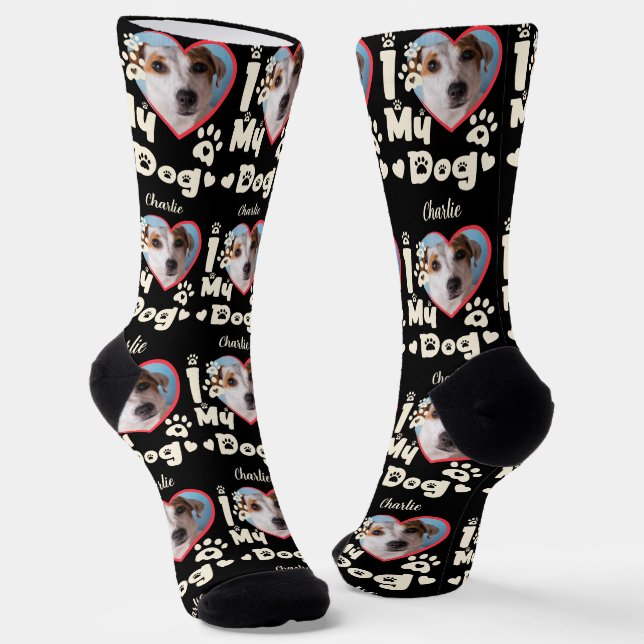 I Love My Dog Heart Personalised Photo & Name Socks (Angled)