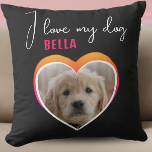 I love my Dog Heart Pet Photo Name Black  Cushion