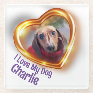 I Love My Dog Pet Glowing Heart Glass Coaster