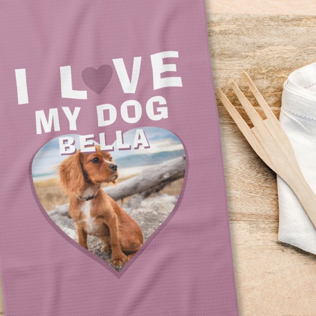 I love my Dog Pink Heart Pet Name Photo Tea Towel (Creator Uploaded)