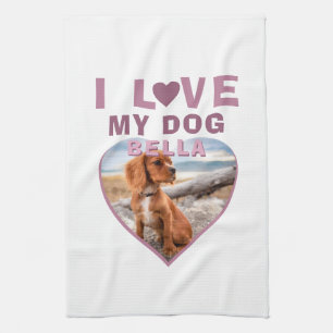 I love my Dog Pink Heart Photo Pet Name Tea Towel