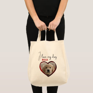 I love my Dog Red Heart Pet Photo Name  Tote Bag