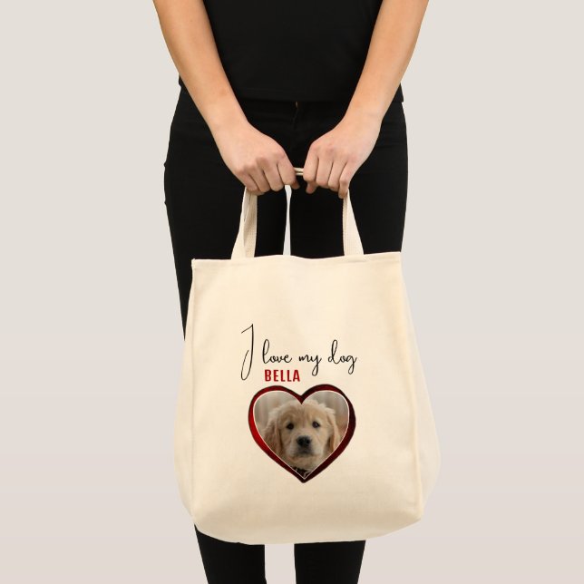 I love my Dog Red Heart Pet Photo Name  Tote Bag (Front (Product))