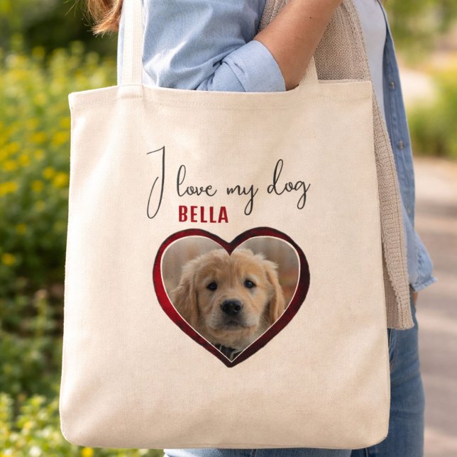 I love my Dog Red Heart Pet Photo Name  Tote Bag (Creator Uploaded)