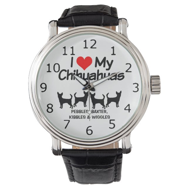 I Love My Four Chihuahua Dogs Silhouette Watch (Front)