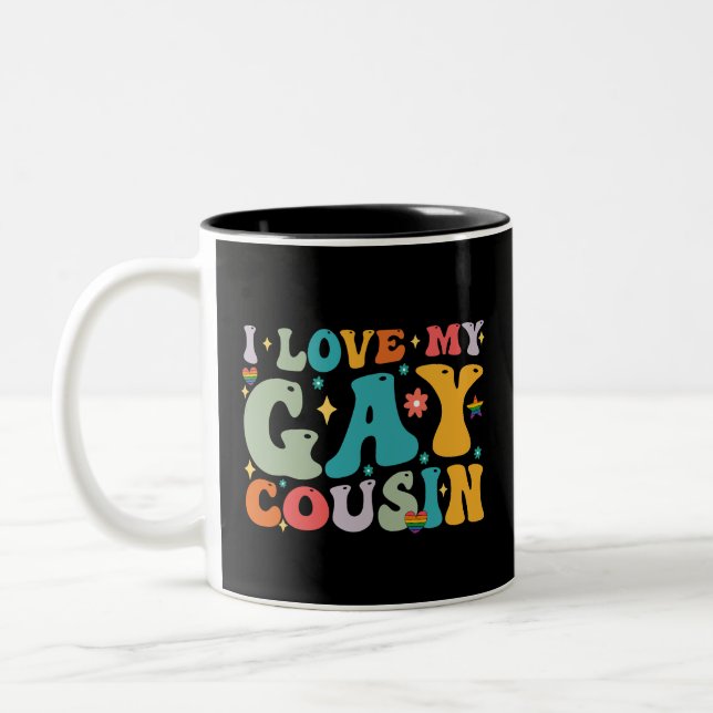 I Love My Gay Cousin Groovy Rainbow LGBT Pride Two-Tone Coffee Mug (Left)