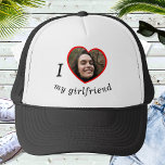I Love My Girlfriend Boyfriend Custom Photo Text Trucker Hat<br><div class="desc">Upload a photo, customise the text, and easily create your personalised baseball hat. Click CUSTOMIZE FURTHER to change the text colour. You can TRANSFER this DESIGN on other Zazzle products and adjust it to fit most of the Zazzle items. Standard Studio designs are made in high-resolution vector graphics for a...</div>