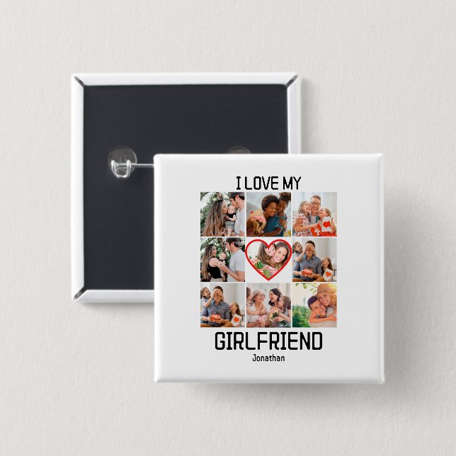 I love My Girlfriend Custom 9 Photo Collage 15 Cm Square Badge (Front & Back)