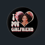 I Love My Girlfriend Custom Black 6 Cm Round Badge<br><div class="desc">Cute bubbly retro font that says " I Love My GIRLFRIEND" - upload a photo for inside the heart (best to crop before upload). Retro colours can be changed in "Edit using Design Tool" section. Comes in white with pink and red colour ways. Part of a collection including tshirt, mug,...</div>
