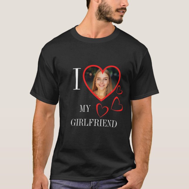 I Love My Girlfriend Custom Heart Photo Black T-Shirt (Front)