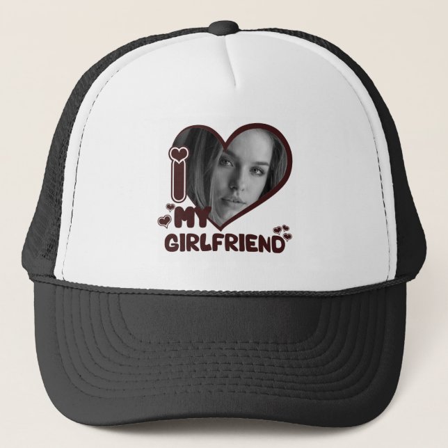 I Love My Girlfriend Custom Photo Heart Trucker Hat (Front)