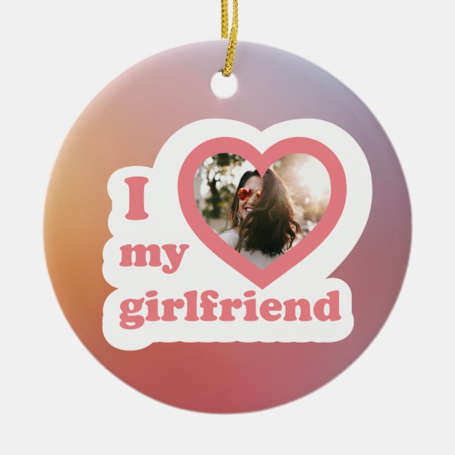 I love my Girlfriend Custom Retro Valentines Photo Ceramic Tree Decoration (Front)