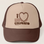 I Love My Girlfriend Custom Trucker Hat<br><div class="desc">cute and bubbly font that says " I Love My GIRLFRIEND" with a huge heart that allows you to insert your image,  in the colour brown and light pink</div>