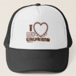 I Love My Girlfriend Custom Trucker Hat<br><div class="desc">cute and bubbly font that says " I Love My GIRLFRIEND" with a huge heart that allows you to insert your image,  in the colour black and light pink</div>