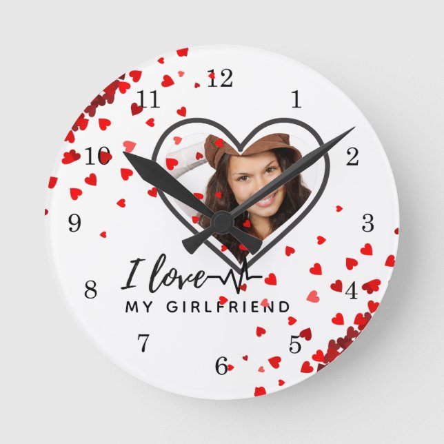 I Love My Girlfriend PHOTO Gift Personalised Heart Round Clock (Front)
