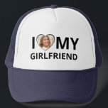 I Love My Girlfriend Photo Heart Funny Boyfriend Trucker Hat<br><div class="desc">A funny gift for your boyfriend - add your photo to this "I love my girlfriend" hat. Makes a great gift for your boyfriend for anniversary or Valentine's Day.</div>