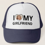 I Love My Girlfriend Photo Heart Funny Boyfriend Trucker Hat<br><div class="desc">A funny gift for your boyfriend - add your photo to this "I love my girlfriend" hat. Makes a great gift for your boyfriend for anniversary or Valentine's Day.</div>