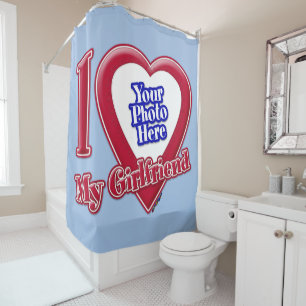 I Love My Girlfriend Photo Red Heart Baby Blue Shower Curtain