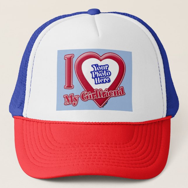I Love My Girlfriend Photo Red Heart Baby Blue Trucker Hat (Front)