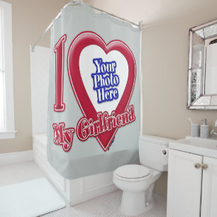 I Love My Girlfriend Photo Red Heart Grey Shower Curtain