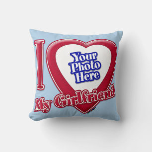 I Love My Girlfriend Photo Red Heart Light Blue Cushion