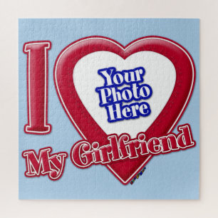I Love My Girlfriend Photo Red Heart Light Blue Jigsaw Puzzle