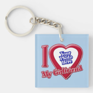 I Love My Girlfriend Photo Red Heart Light Blue Key Ring