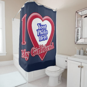 I Love My Girlfriend Photo Red Heart Navy Blue Shower Curtain