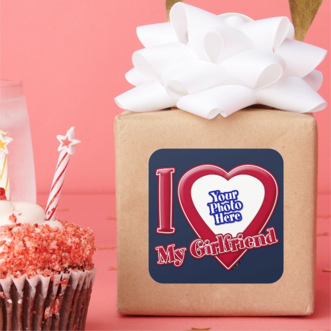 I Love My Girlfriend Photo Red Heart Navy Blue Square Sticker (Party)