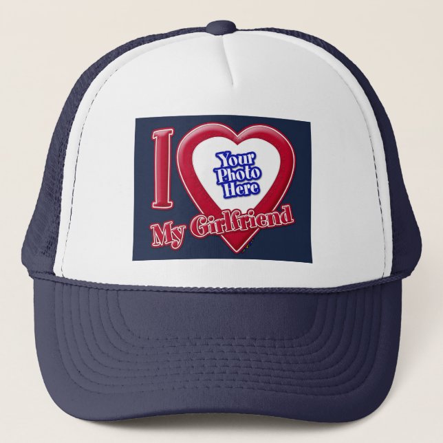 I Love My Girlfriend Photo Red Heart Navy Blue Trucker Hat (Front)
