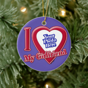 I Love My Girlfriend Photo Red Heart Purple Ceramic Tree Decoration