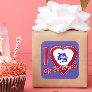 I Love My Girlfriend Photo Red Heart Purple Square Sticker