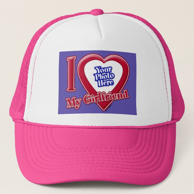 I Love My Girlfriend Photo Red Heart Purple Trucker Hat (Front)